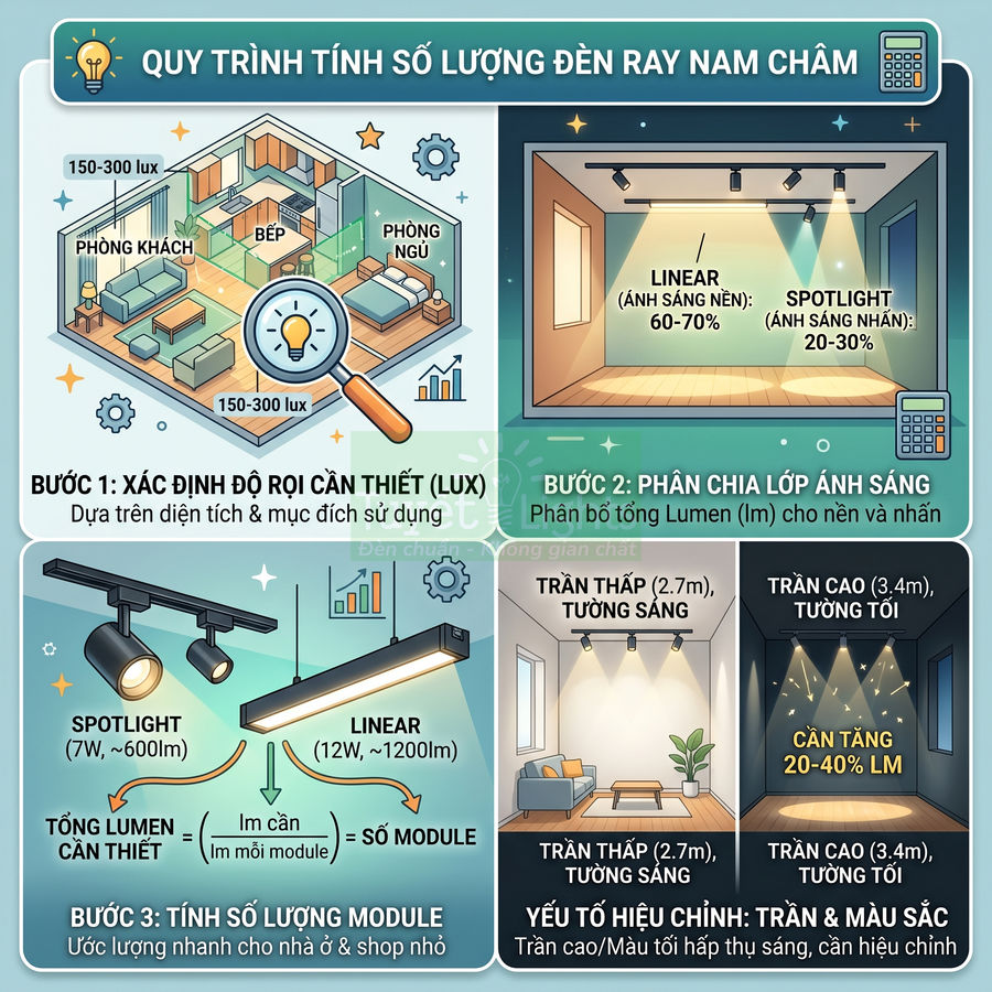 Infographic hướng dẫn tính số lượng đèn ray nam châm spotlight và linear cho phòng khách, bếp, phòng ngủ