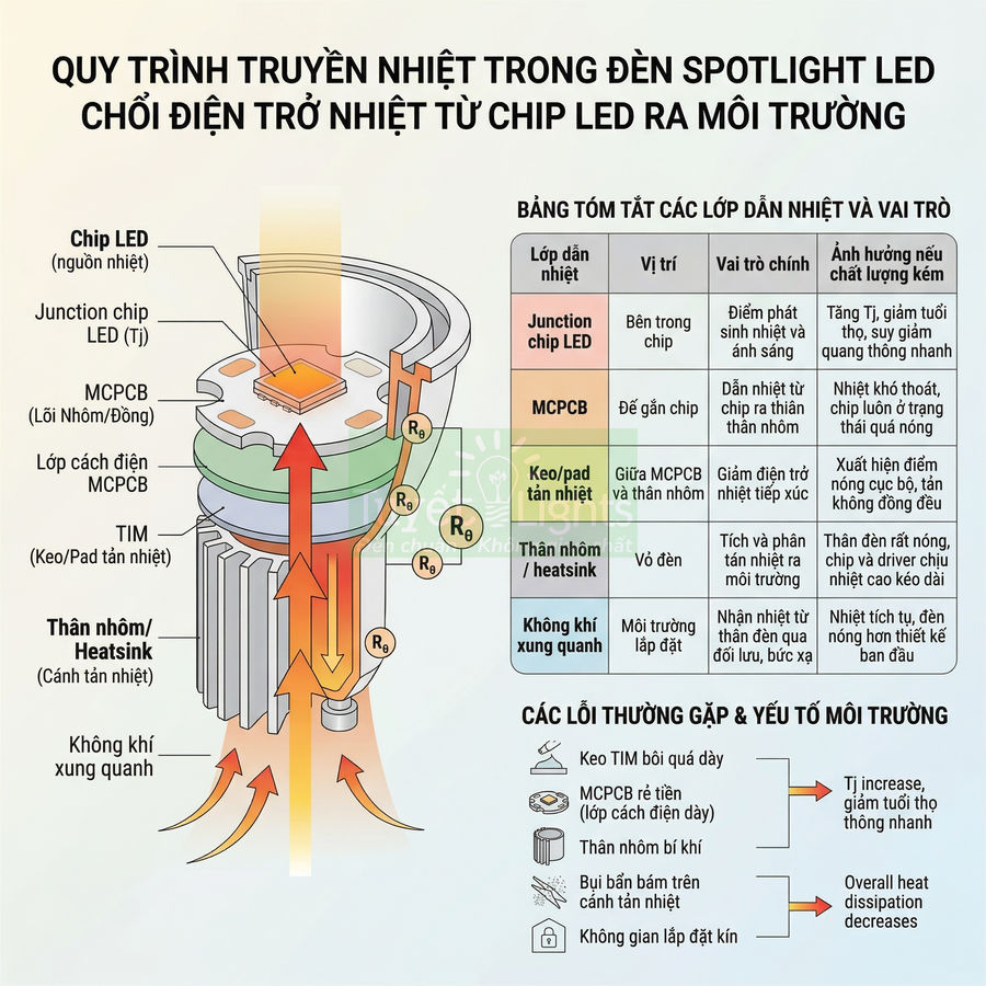 Sơ đồ quy trình truyền nhiệt trong đèn spotlight LED từ chip LED qua thân nhôm tản nhiệt ra môi trường