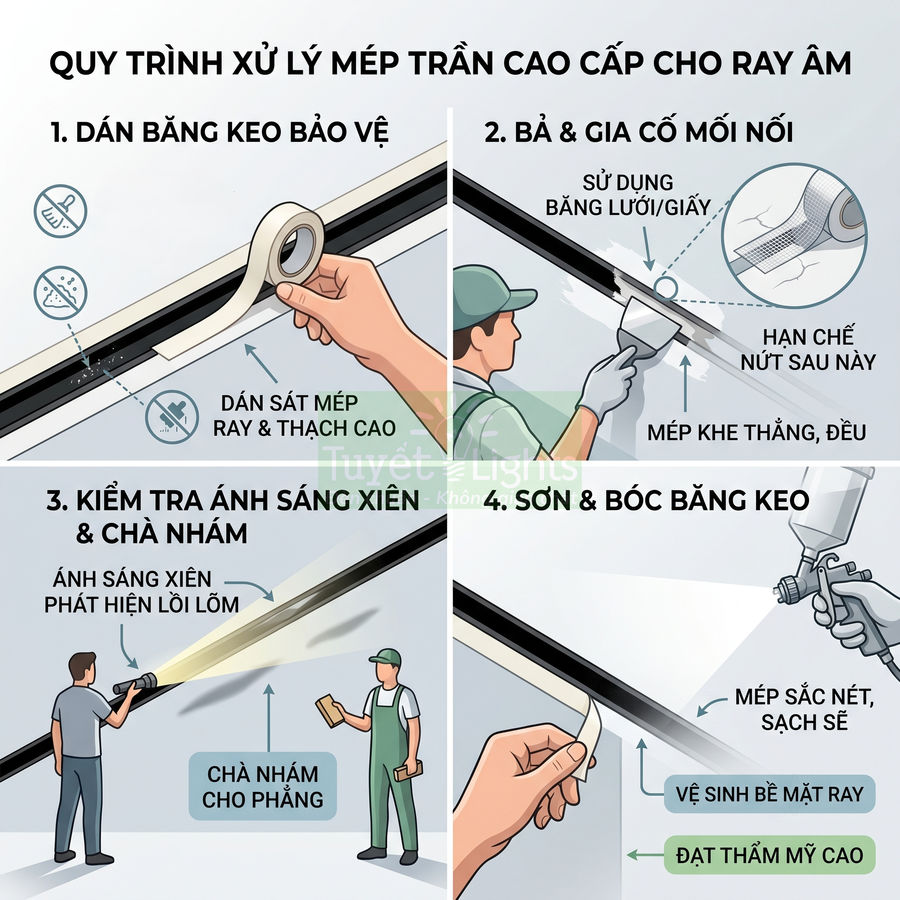 Quy trình xử lý mép trần thạch cao cao cấp cho ray âm bằng băng keo, bả, chà nhám và sơn