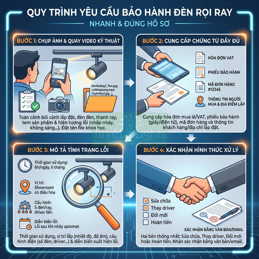 Quy trình yêu cầu bảo hành đèn rọi ray với các bước chụp ảnh, cung cấp hóa đơn, mô tả lỗi và xác nhận xử lý