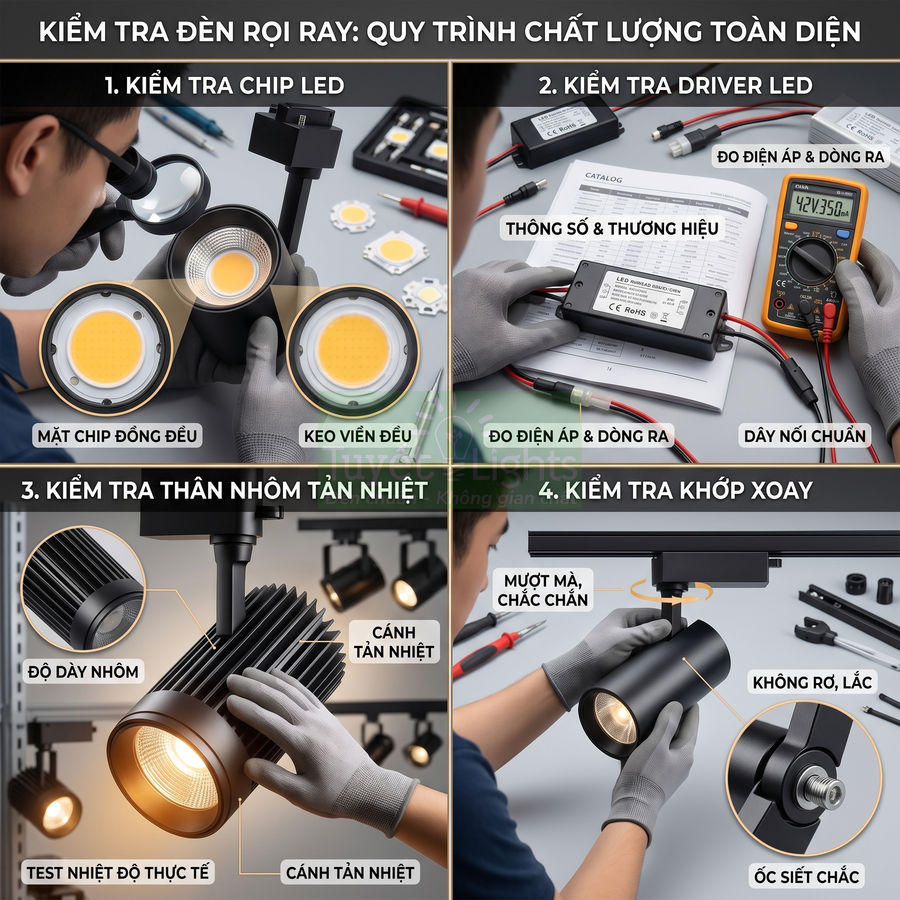 Quy trình kiểm tra chất lượng đèn rọi ray LED gồm chip, driver, thân nhôm tản nhiệt và khớp xoay