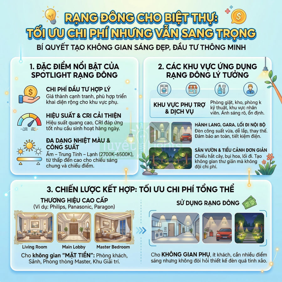 Infographic đèn spotlight Rạng Đông cho biệt thự, giới thiệu ưu điểm, khu vực ứng dụng và chiến lược tối ưu chi phí tổng thể