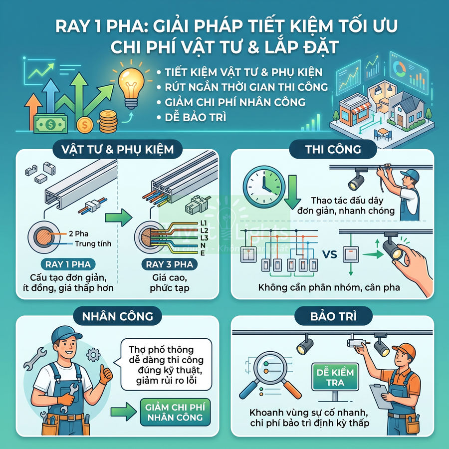 Infographic giới thiệu ray điện 1 pha giúp tiết kiệm chi phí vật tư, thi công, nhân công và bảo trì hệ thống chiếu sáng