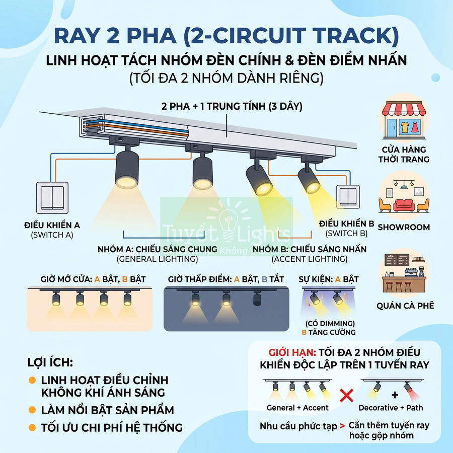 Đèn ray 2 pha Tuyết Lights với nhiều đèn rọi điều chỉnh độc lập cho chiếu sáng chung và chiếu sáng điểm nhấn