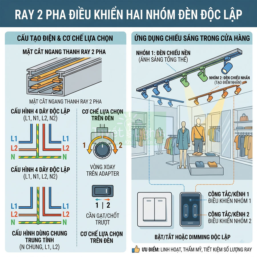 Ray điện 2 pha điều khiển hai nhóm đèn độc lập cho cửa hàng thời trang, minh họa cấu tạo và cách đấu nối