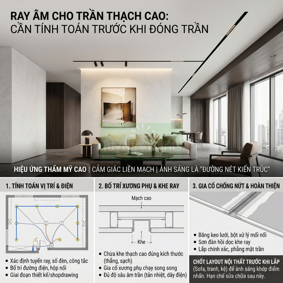 Ray âm trần thạch cao trong phòng khách hiện đại với hệ đèn chiếu sáng âm trần chạy dọc trần nhà
