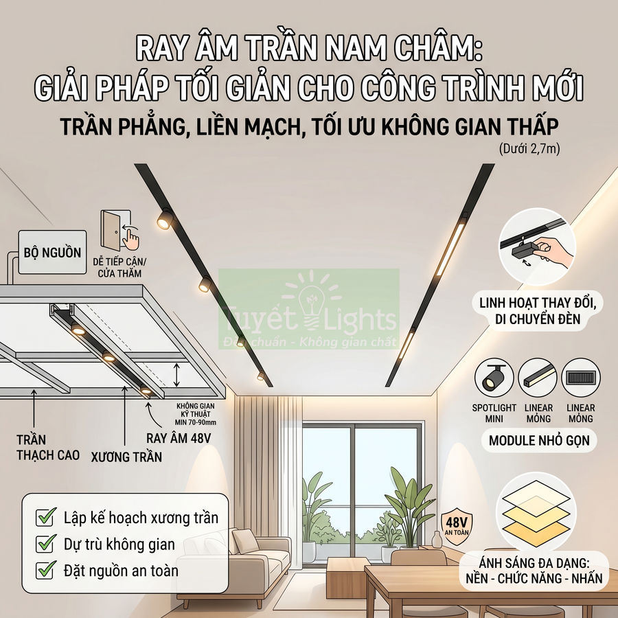 Hệ thống ray âm trần nam châm Tuyết Lights với đèn LED spotlight và linear cho phòng khách hiện đại