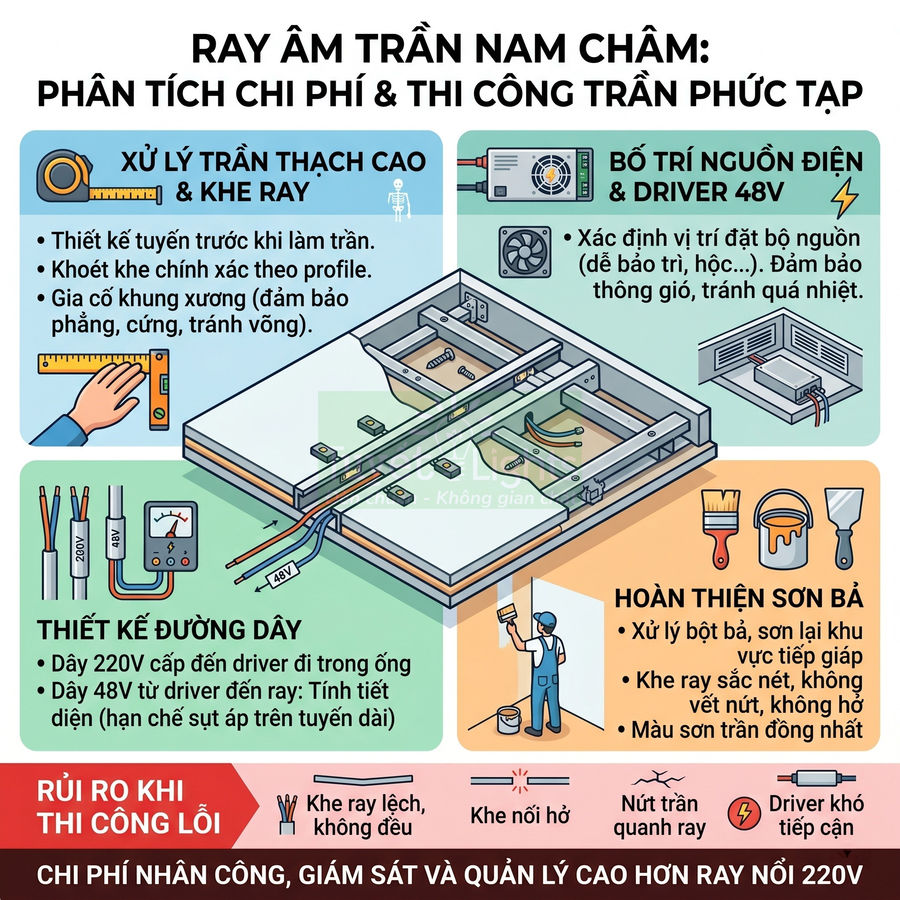 Hướng dẫn lắp đặt ray âm trần nam châm với xử lý trần thạch cao, bố trí nguồn điện và thiết kế đường dây