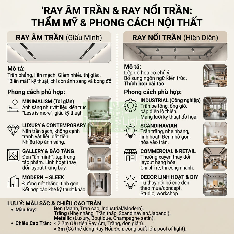 So sánh ray âm trần và ray nổi trần cho đèn chiếu sáng, gợi ý phong cách nội thất và màu ray phù hợp