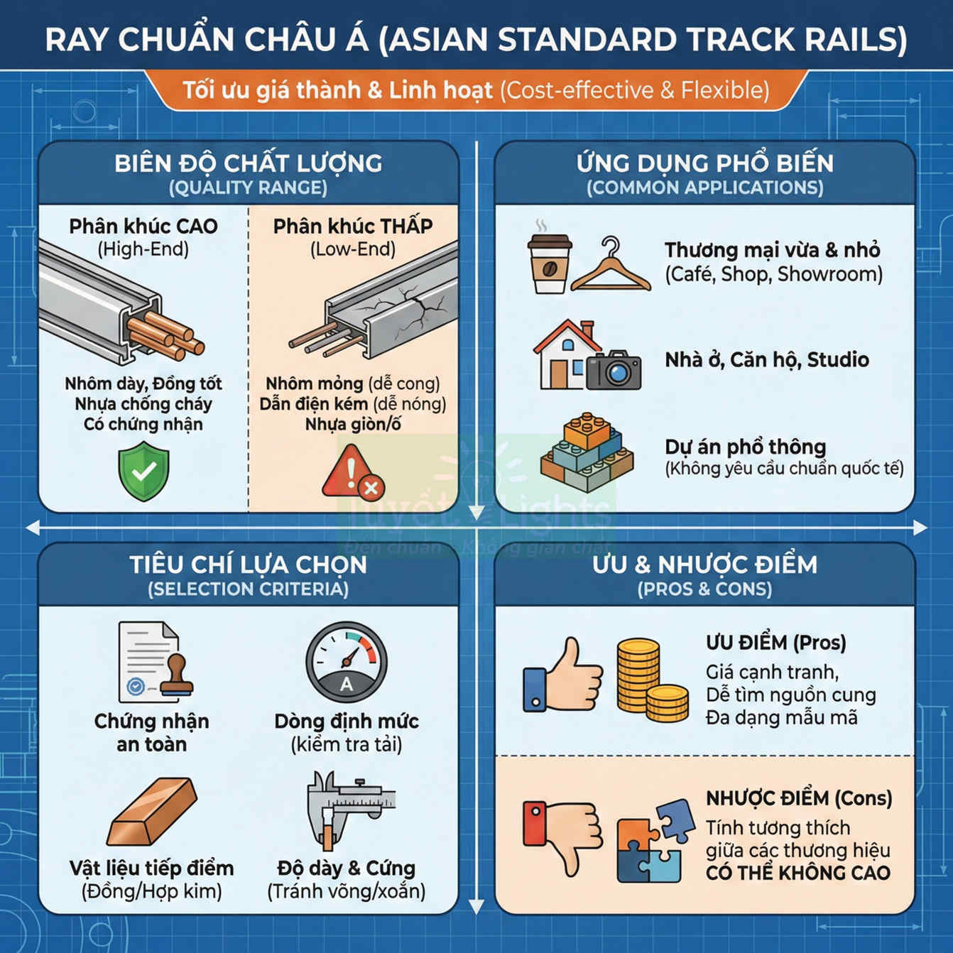 Infographic giới thiệu ray chuẩn châu Á, phân loại chất lượng, ứng dụng, tiêu chí lựa chọn và ưu nhược điểm sản phẩm