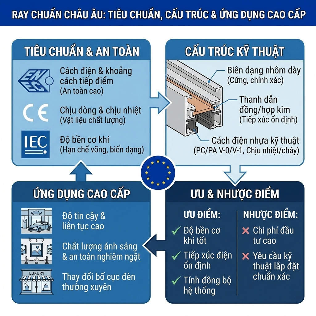 Ray chuẩn châu Âu cho hệ thống đèn chiếu sáng, cấu trúc nhôm và đồng, tiêu chuẩn an toàn và ứng dụng cao cấp