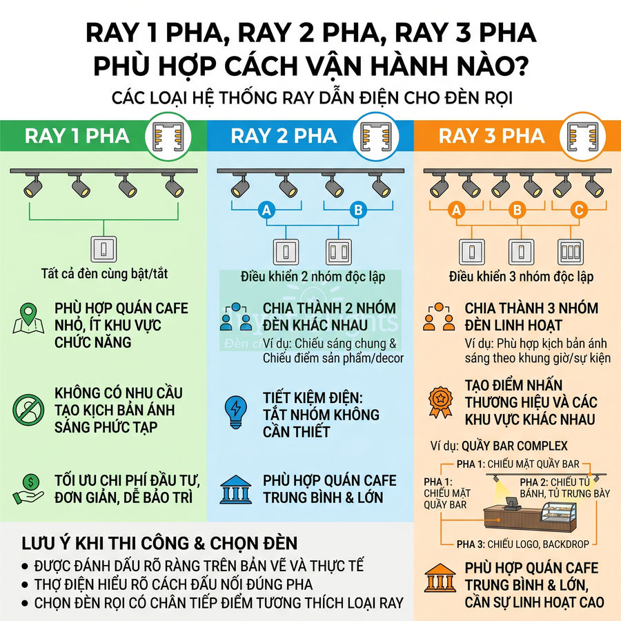 So sánh hệ thống ray dẫn điện 1 pha, 2 pha, 3 pha cho đèn rọi quán cafe và không gian thương mại