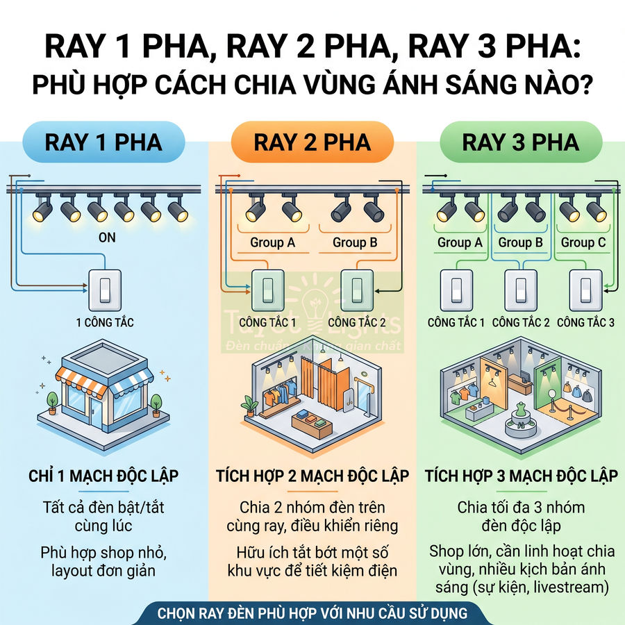 So sánh ray đèn 1 pha, 2 pha, 3 pha và cách chia vùng ánh sáng cho shop, cửa hàng, showroom