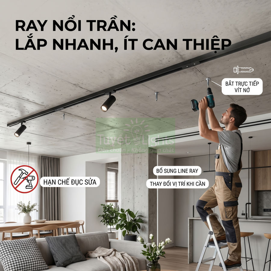 Thi công lắp đặt ray nổi trần đèn rọi trong phòng khách hiện đại, bắt vít nở trực tiếp lên trần bê tông
