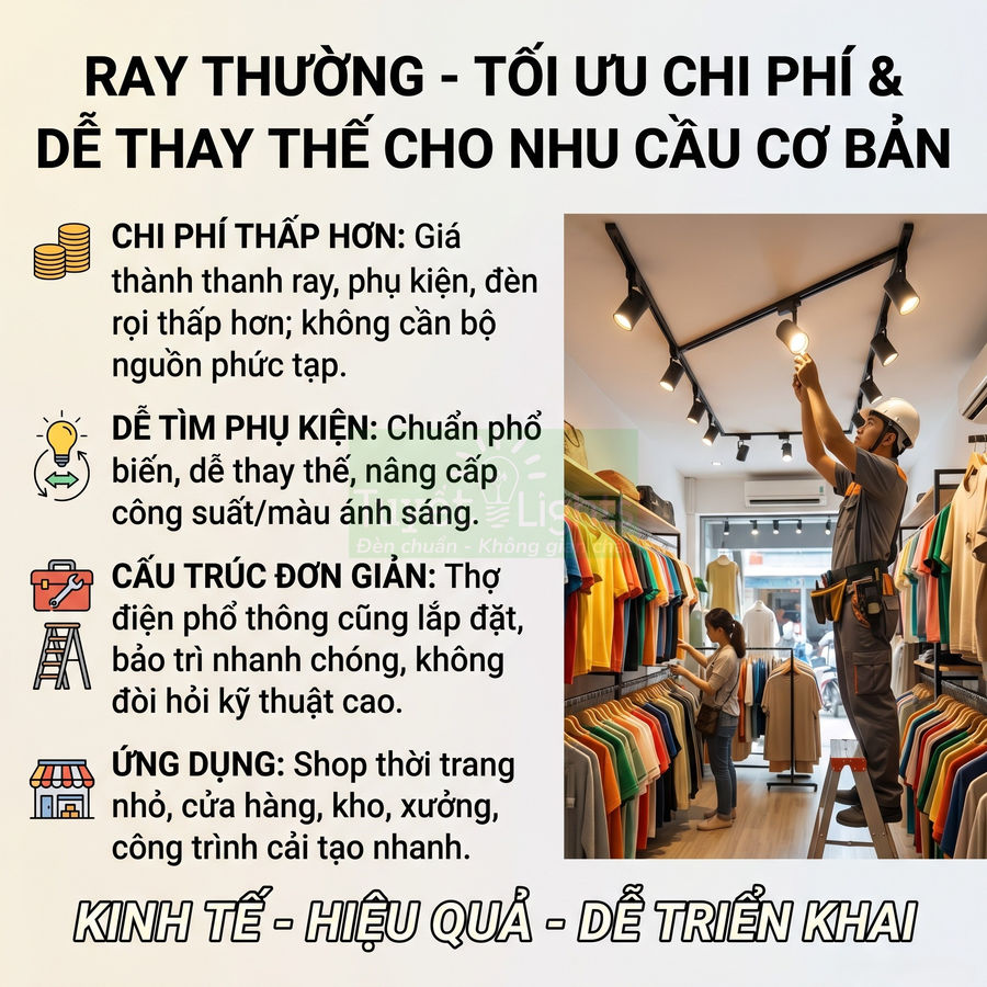 Ray đèn chiếu sáng thường cho shop quần áo, chi phí thấp, dễ lắp đặt và thay thế cho nhu cầu cơ bản