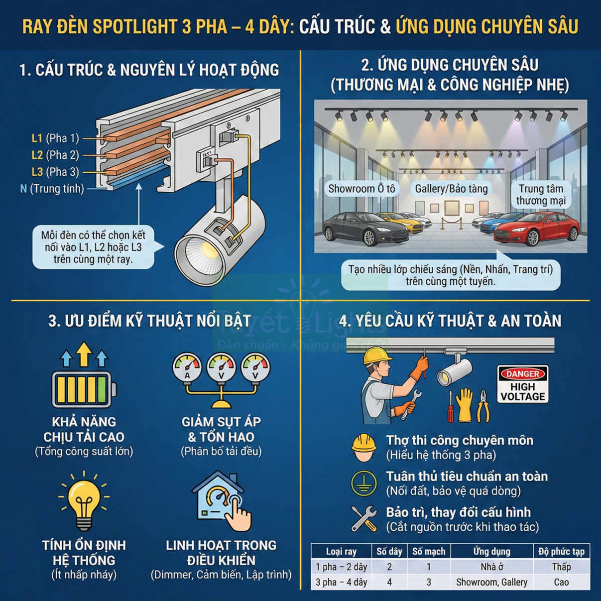Ray đèn spotlight 3 pha 4 dây kèm sơ đồ cấu tạo, ưu điểm kỹ thuật và ứng dụng chiếu sáng showroom