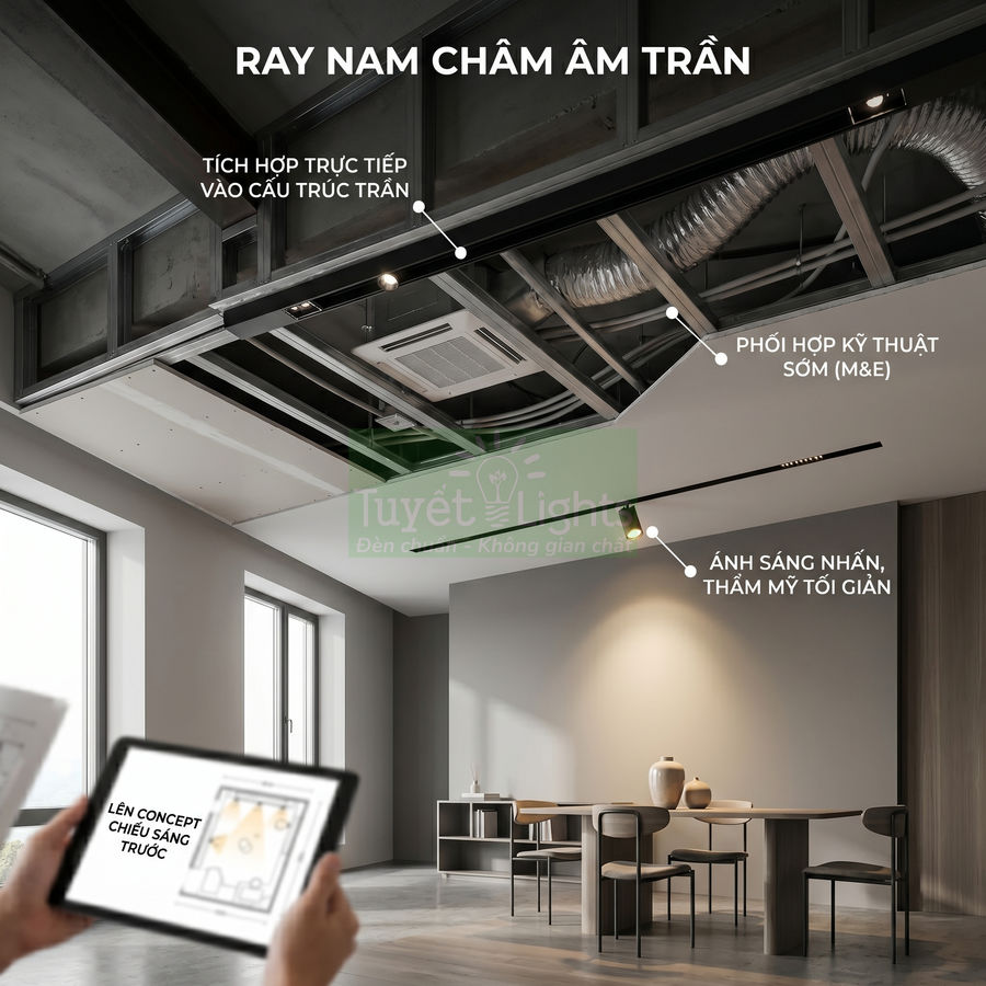 Ray nam châm âm trần Tuyết Light chiếu sáng phòng khách hiện đại với ánh sáng nhấn tối giản
