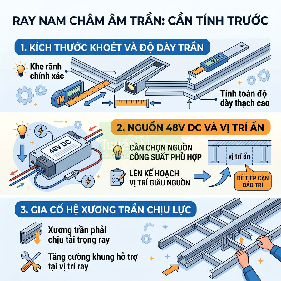 Hướng dẫn lắp đặt ray nam châm âm trần với kích thước khoét, nguồn 48V DC và gia cố hệ xương trần