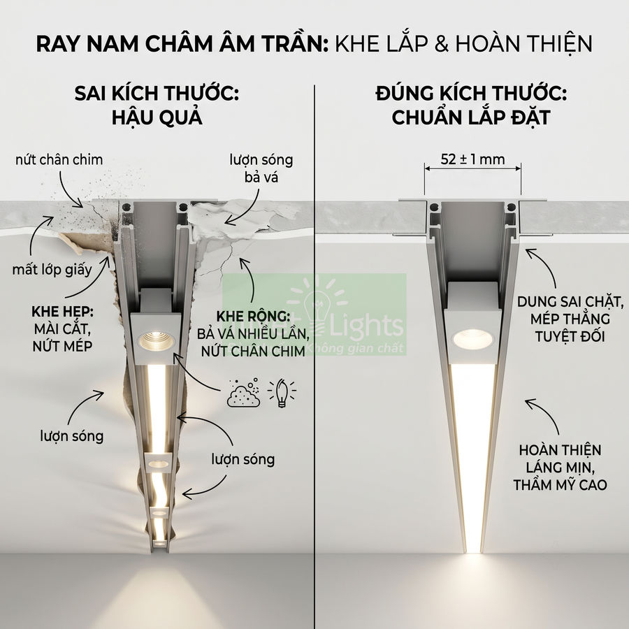 Ray nam châm âm trần so sánh khe lắp sai kích thước và đúng chuẩn, minh họa độ hoàn thiện trần và ánh sáng