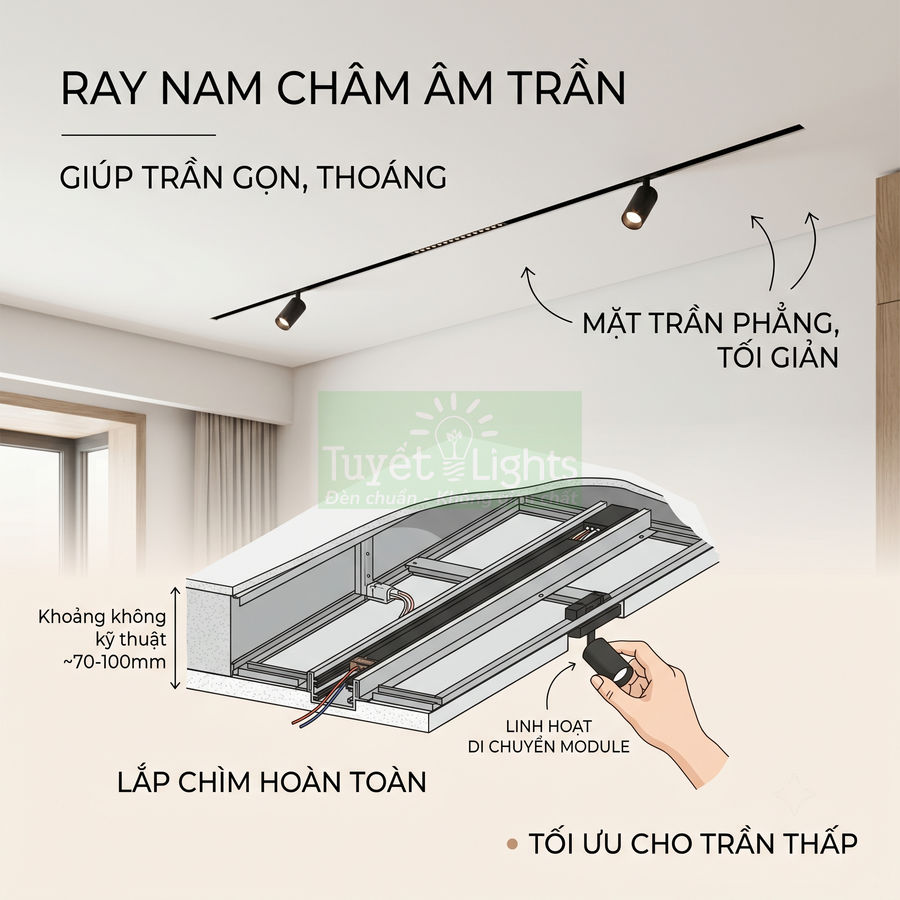 Ray nam châm âm trần Tuyết Lights lắp chìm hoàn toàn, mặt trần phẳng tối giản, dễ dàng di chuyển module đèn
