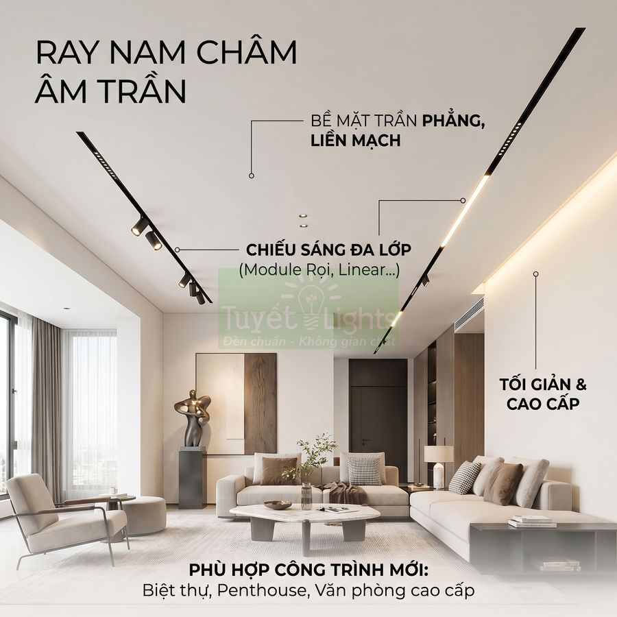 Ray nam châm âm trần Tuyết Lights chiếu sáng phòng khách hiện đại tối giản, phù hợp biệt thự và penthouse