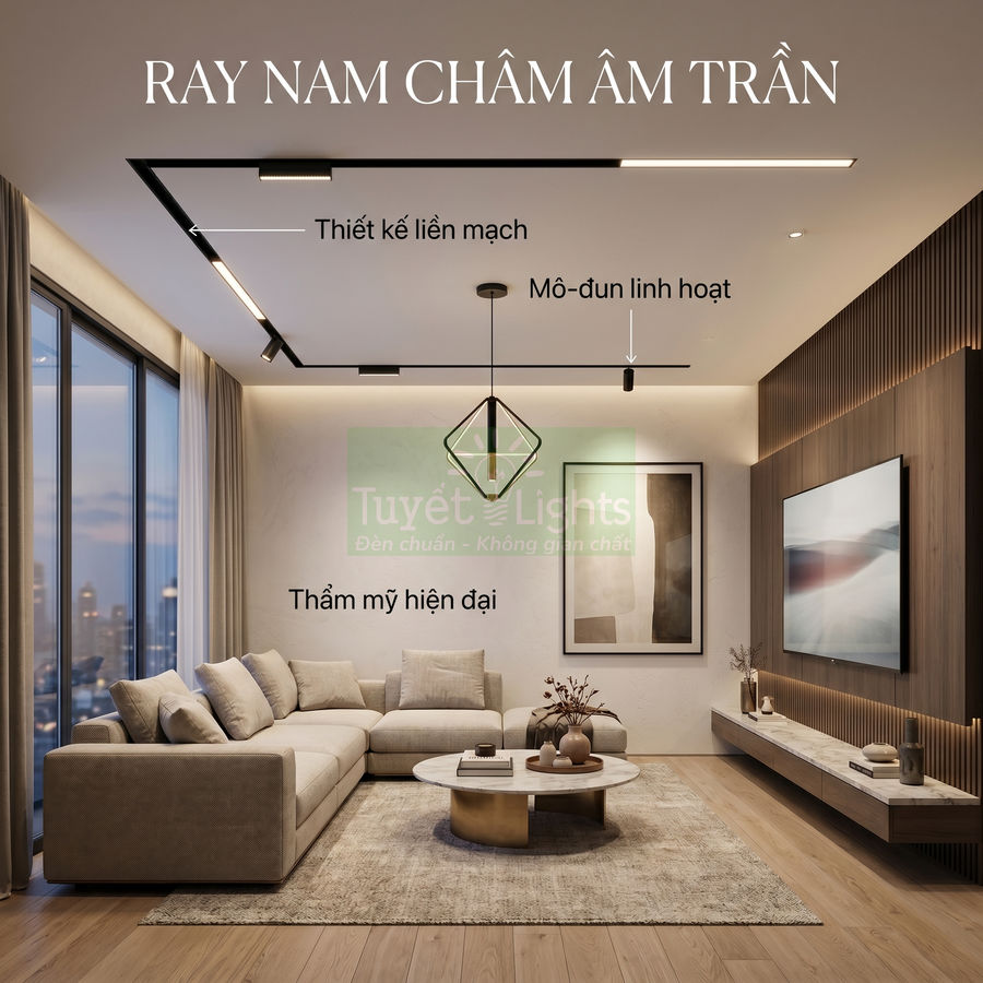 Ray nam châm âm trần Tuyết Lights lắp trong phòng khách hiện đại với sofa chữ L và bàn trà tròn