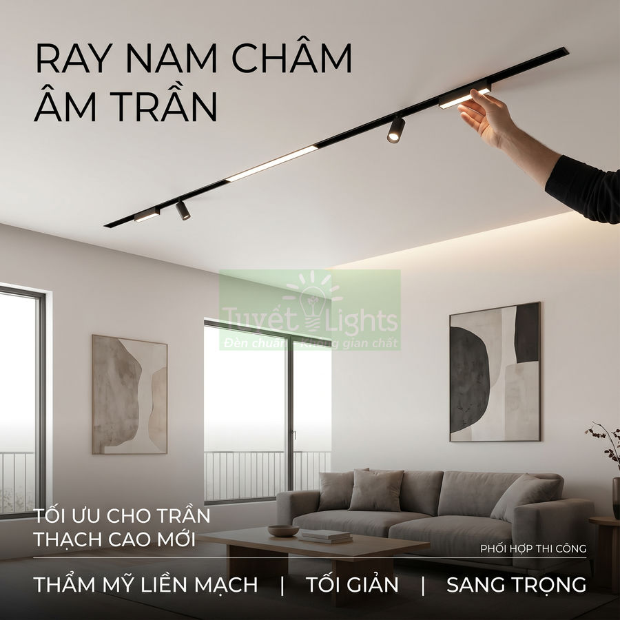 Ray đèn nam châm âm trần Tuyết Lights lắp trên trần thạch cao phòng khách hiện đại