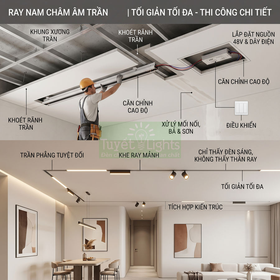 Thi công lắp đặt hệ thống đèn ray nam châm âm trần Tuyết Lights cho phòng khách hiện đại