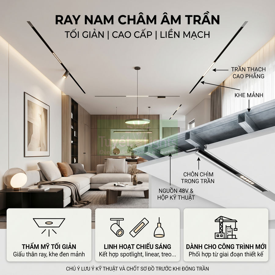 Ray nam châm âm trần tối giản trong phòng khách hiện đại với hệ đèn chiếu sáng linh hoạt