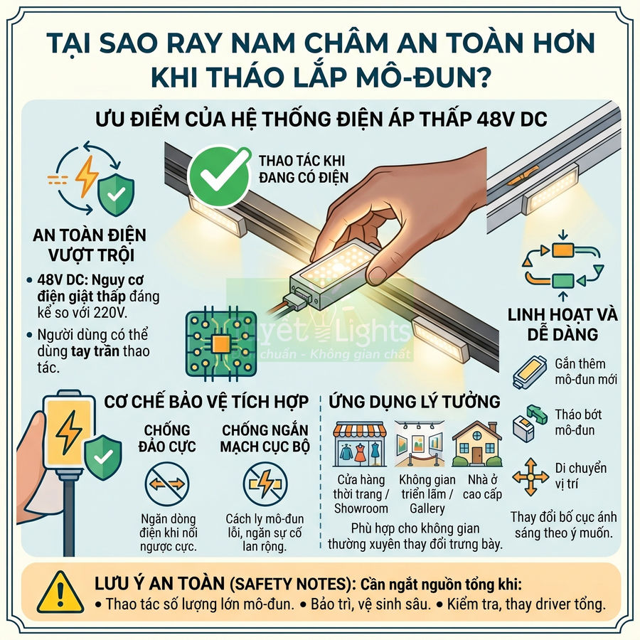 Ray nam châm đèn LED 48V DC cho phép tháo lắp mô đun chiếu sáng an toàn, linh hoạt trong nhiều không gian