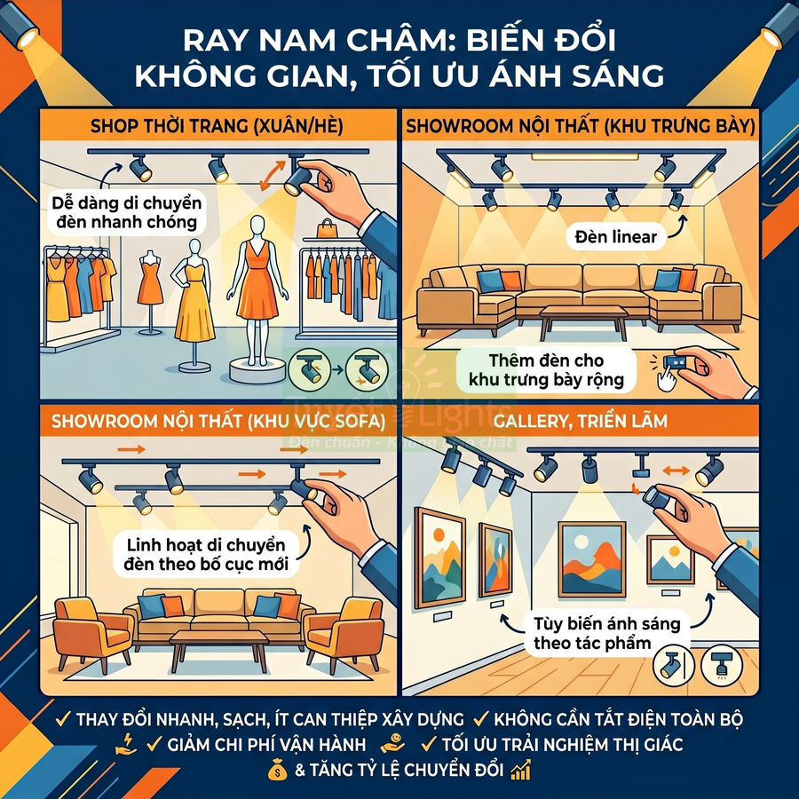 Ray nam châm chiếu sáng linh hoạt cho shop thời trang, showroom nội thất, gallery triển lãm tối ưu không gian trưng bày
