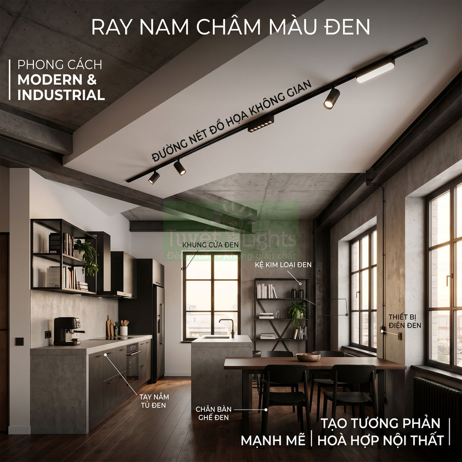 Đèn ray nam châm màu đen lắp trần trong bếp phong cách industrial hiện đại, đồng bộ nội thất màu đen