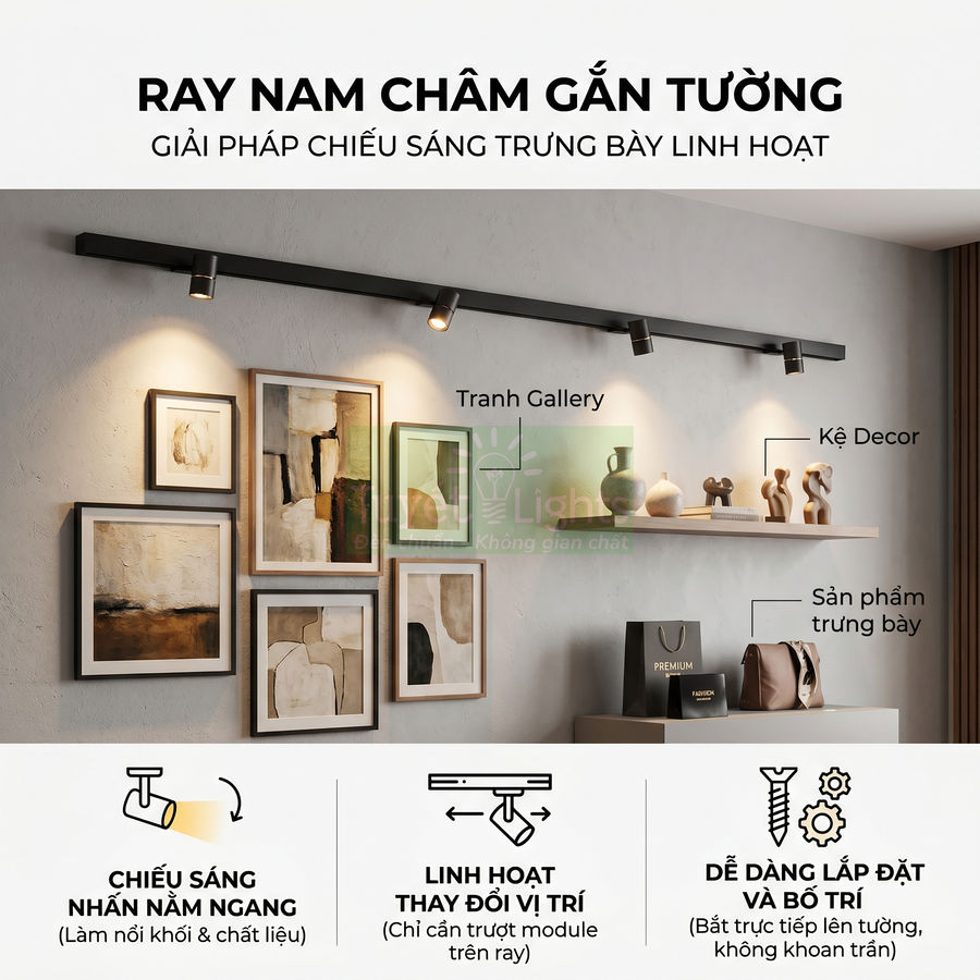 Ray nam châm gắn tường chiếu sáng tranh gallery và kệ decor trưng bày trong phòng khách hiện đại