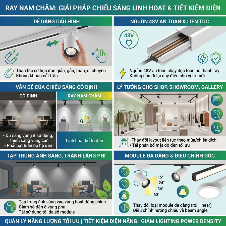 Hệ thống đèn ray nam châm 48V linh hoạt cho shop, showroom, gallery, dễ lắp đặt và điều chỉnh chiếu sáng