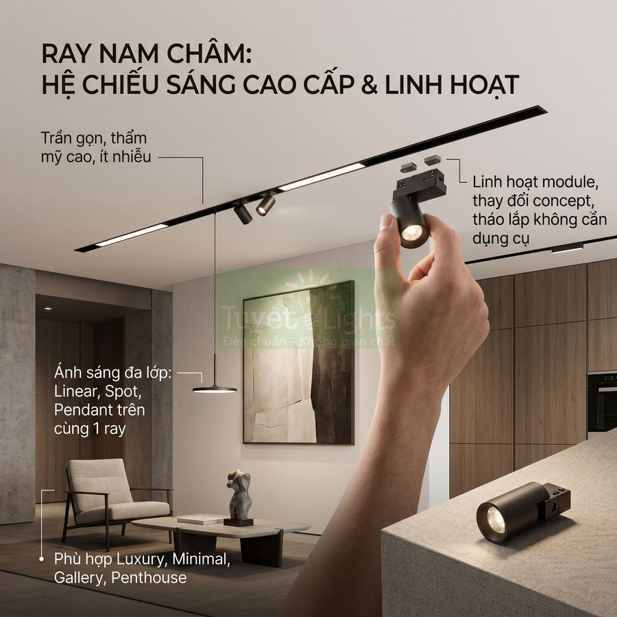 Đèn ray nam châm Tuyết Lights lắp trần cho phòng khách hiện đại, module chiếu sáng linh hoạt cao cấp