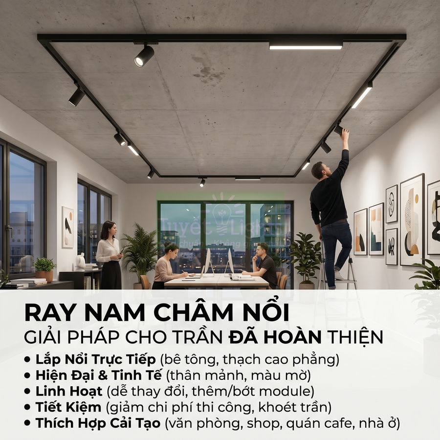 Ray đèn nam châm nổi lắp trần bê tông cho văn phòng hiện đại, thân mảnh màu đen, dễ lắp đặt và linh hoạt chỉnh sáng