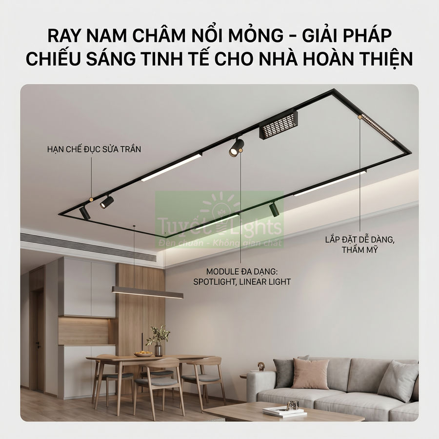 Hệ thống đèn ray nam châm nổi mỏng chiếu sáng phòng khách và bàn ăn hiện đại, dễ lắp đặt, thẩm mỹ