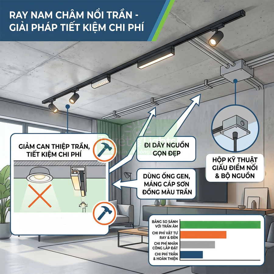 Ray nam châm nổi trần lắp đèn chiếu sáng, đi dây gọn đẹp, giảm can thiệp trần và tiết kiệm chi phí thi công