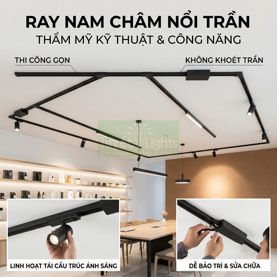Hệ thống ray nam châm nổi trần màu đen cho đèn chiếu sáng hiện đại trong không gian nội thất