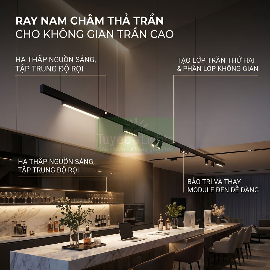 Ray đèn nam châm thả trần chiếu sáng bàn bếp hiện đại trong không gian trần cao