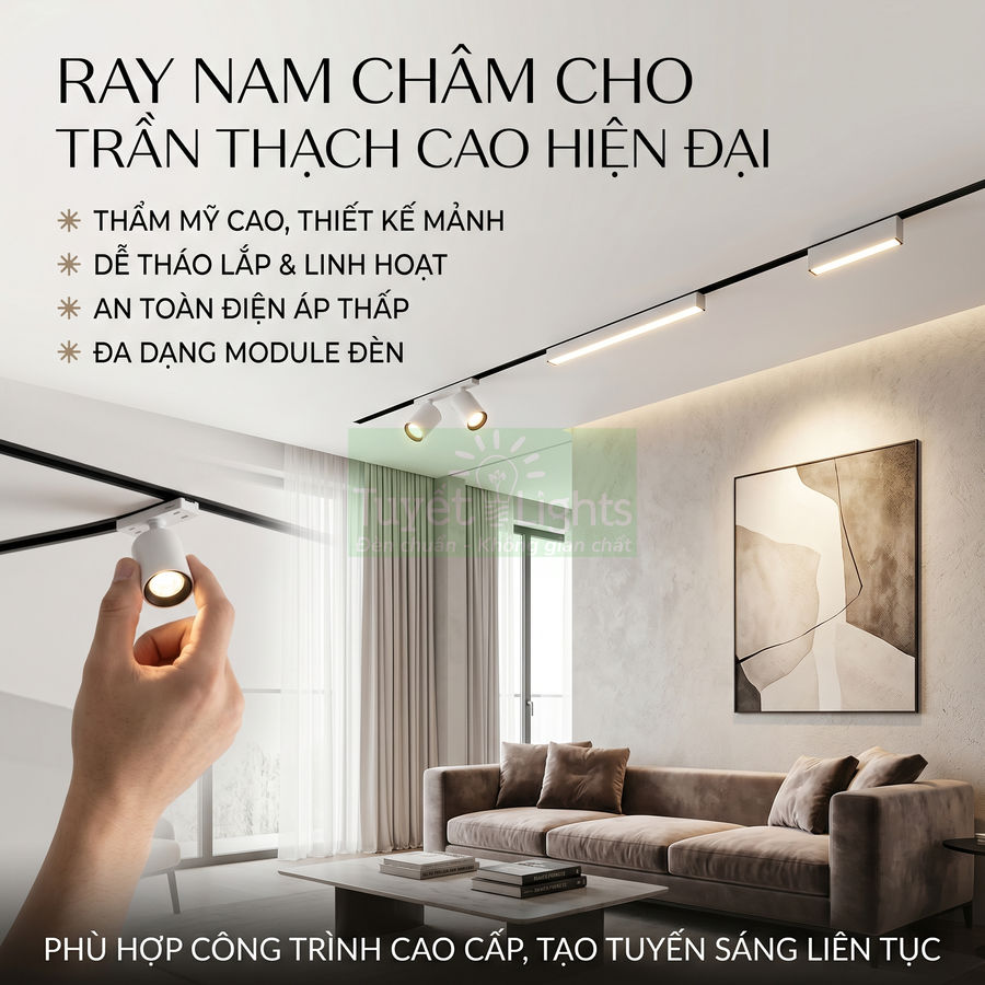 Ray nam châm cho trần thạch cao hiện đại trong phòng khách, thiết kế mảnh, dễ lắp đặt và điều chỉnh ánh sáng