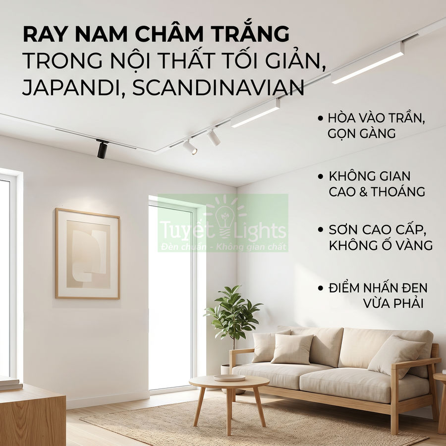 Ray nam châm trắng Tuyết Lights lắp trần cho phòng khách tối giản phong cách Japandi Scandinavian