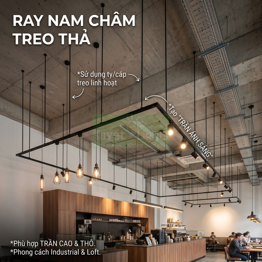 Ray nam châm treo thả chiếu sáng quán cà phê trần cao phong cách industrial loft