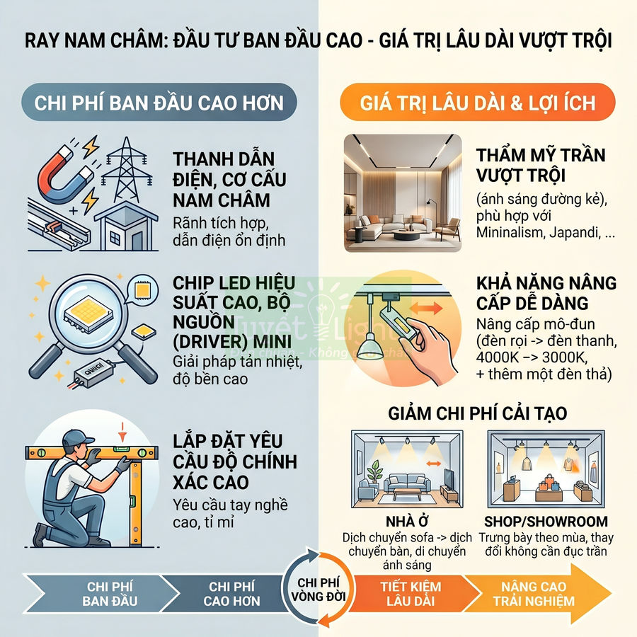 Infographic so sánh chi phí và lợi ích lâu dài của hệ thống đèn ray nam châm cho nhà ở và showroom