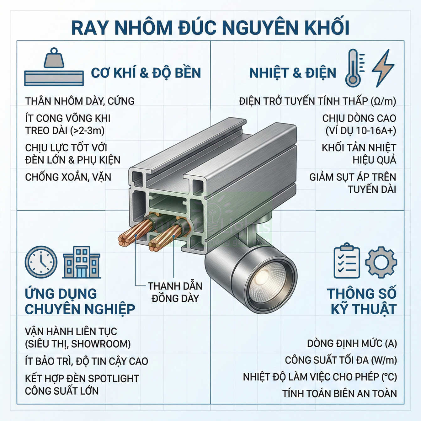 Ray nhôm đúc nguyên khối cho đèn spotlight, thân nhôm dày cứng với thanh dẫn đồng dây chịu dòng cao