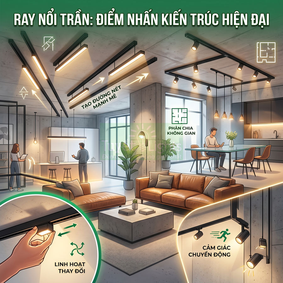 Đèn ray nổi trần hiện đại chiếu sáng phòng khách và bếp, tạo điểm nhấn kiến trúc và phân chia không gian linh hoạt