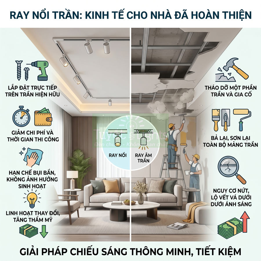 So sánh ray nổi trần và ray âm trần trong phòng khách hiện đại, giải pháp chiếu sáng tiết kiệm cho nhà đã hoàn thiện