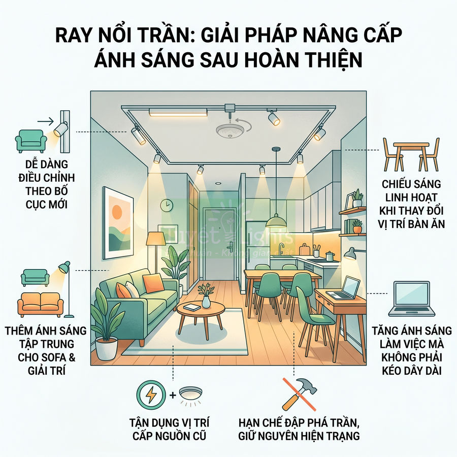 Hệ thống đèn ray nổi trần chiếu sáng phòng khách liền bếp, dễ điều chỉnh ánh sáng cho sofa, bàn ăn và góc làm việc