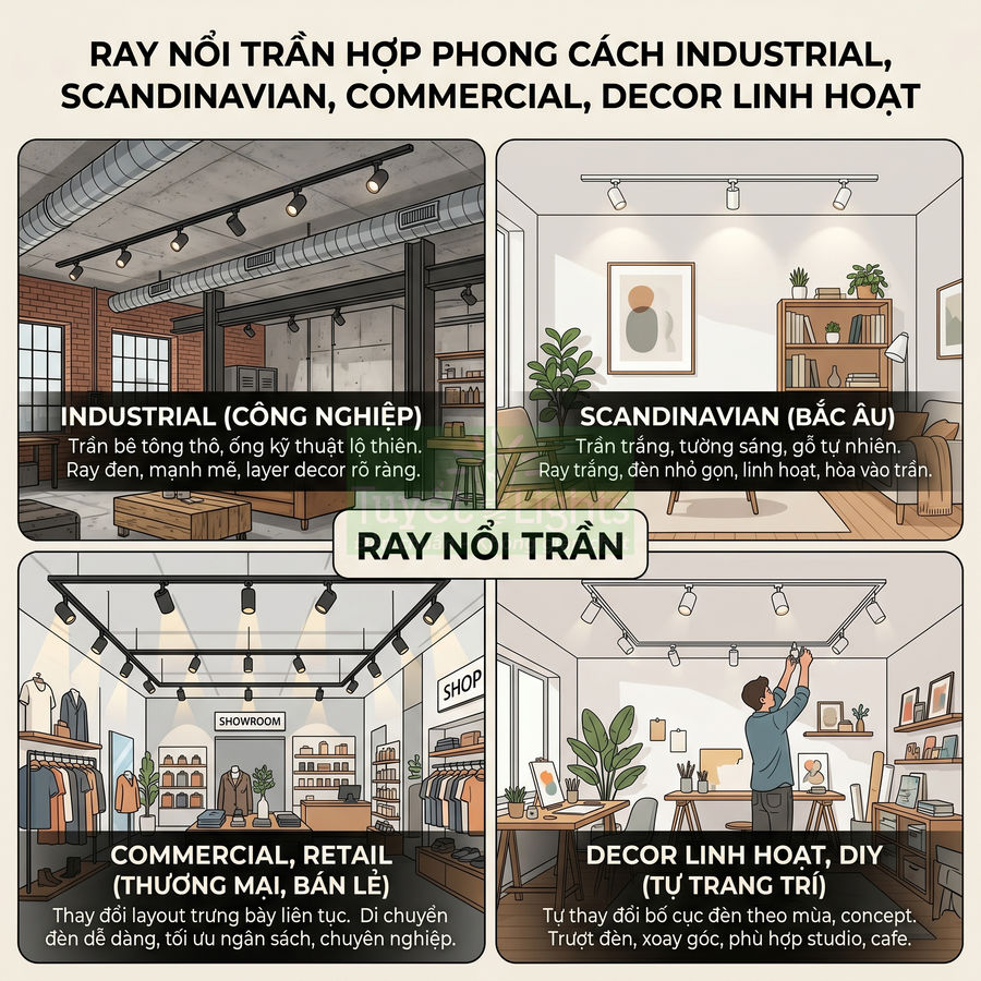 Ray nổi trần lắp đèn chiếu sáng cho nội thất phong cách industrial, Scandinavian, cửa hàng bán lẻ và decor linh hoạt