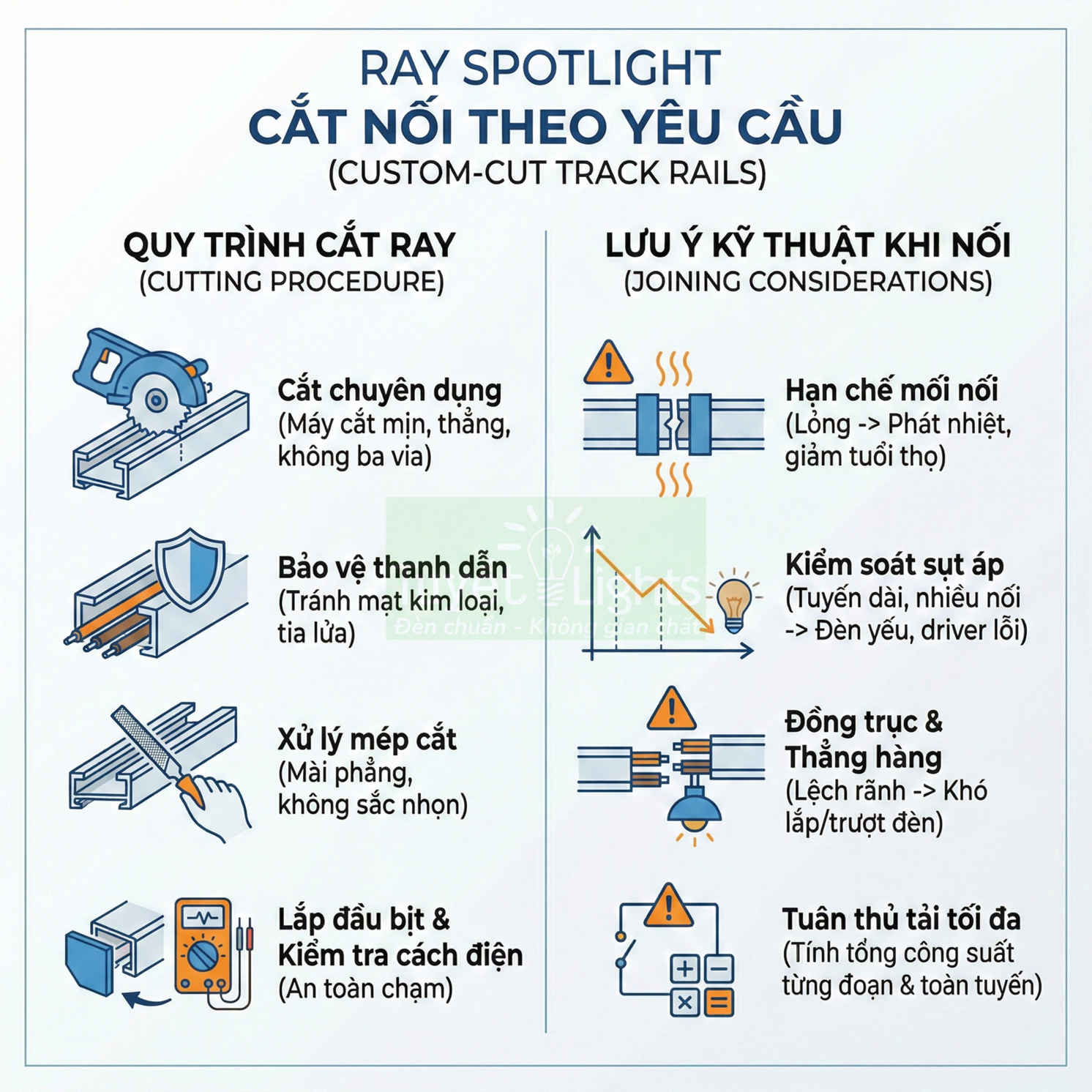 Hướng dẫn cắt nối ray đèn spotlight theo yêu cầu với quy trình cắt ray và lưu ý kỹ thuật khi nối